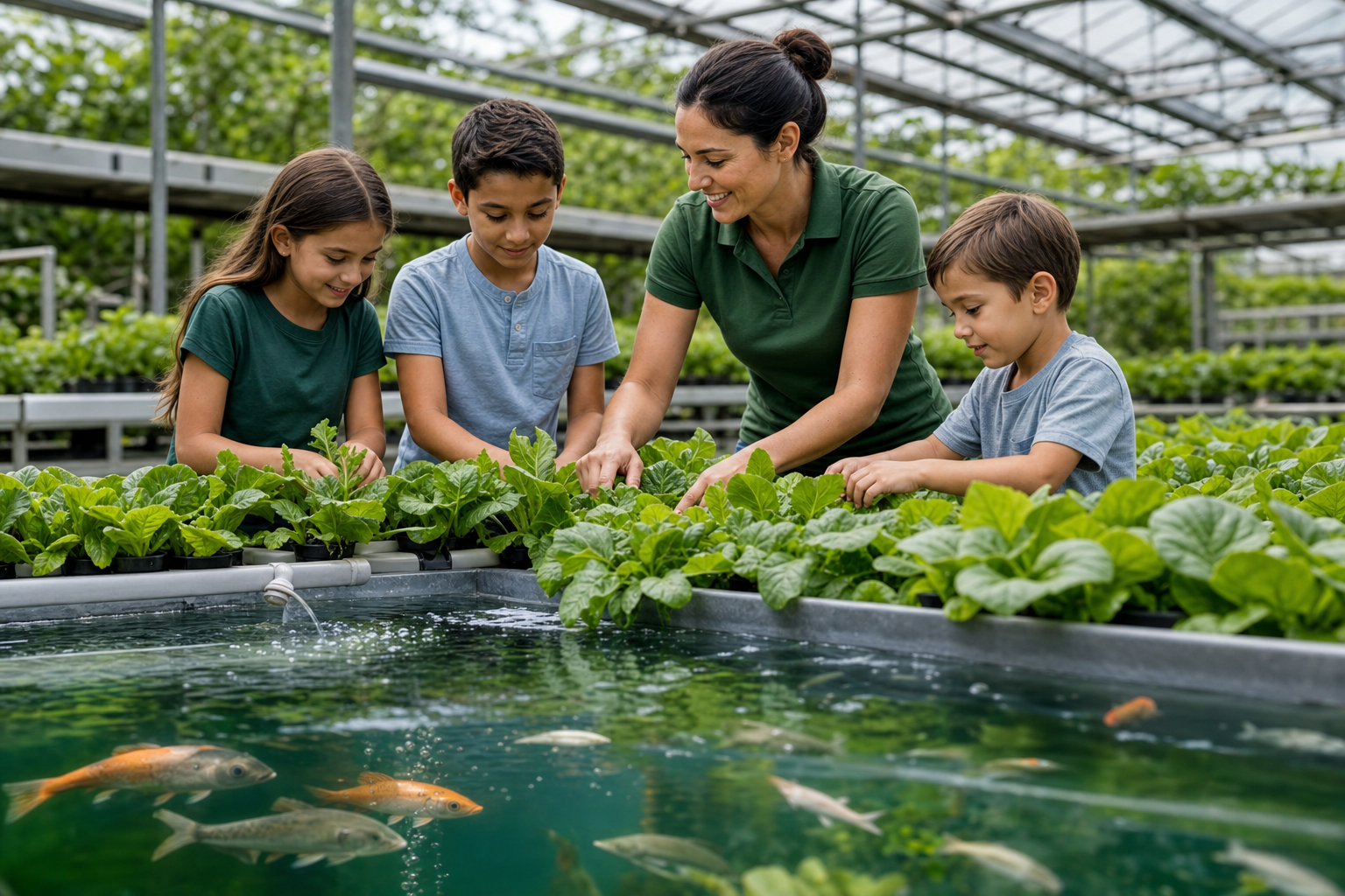 Students learning about aquaponics with an educator in a greenhouse