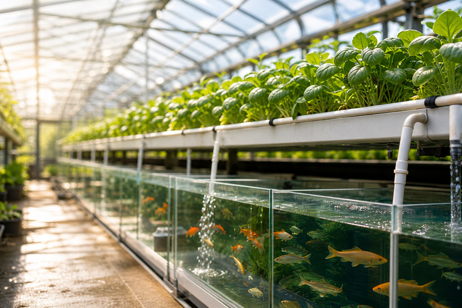 Leafy plants growing above fish tanks in an aquaponics greenhouse